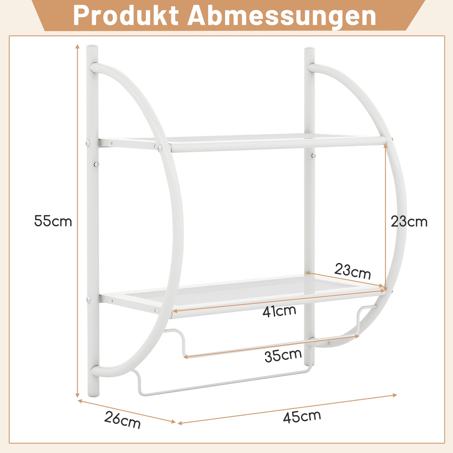 LIVSK Handdoekhouder Badkamer - Metaal - Wandmontage met 2 Planken en 2 Handdoekstangen - 45 x 25,5 x 55 cm - Wit
