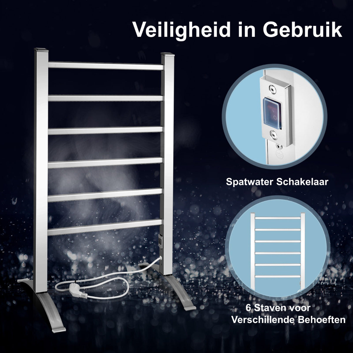 LIVSK Handdoekverwarmer - 6 Stangen - Wandmontage of Vrijstaand - Aluminium - Snelle Verwarming tot 50℃ - Zilver