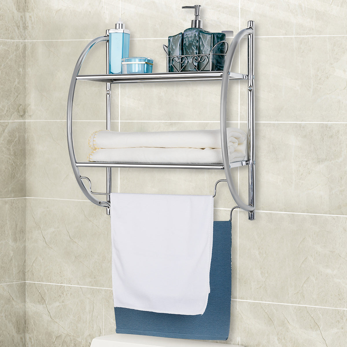 LIVSK Handdoekenrek - Wandmontage - 2 Planken - Roestbestendig IJzer - Modern Design - 45 x 25,5 x 55 cm - Zilverkleurig