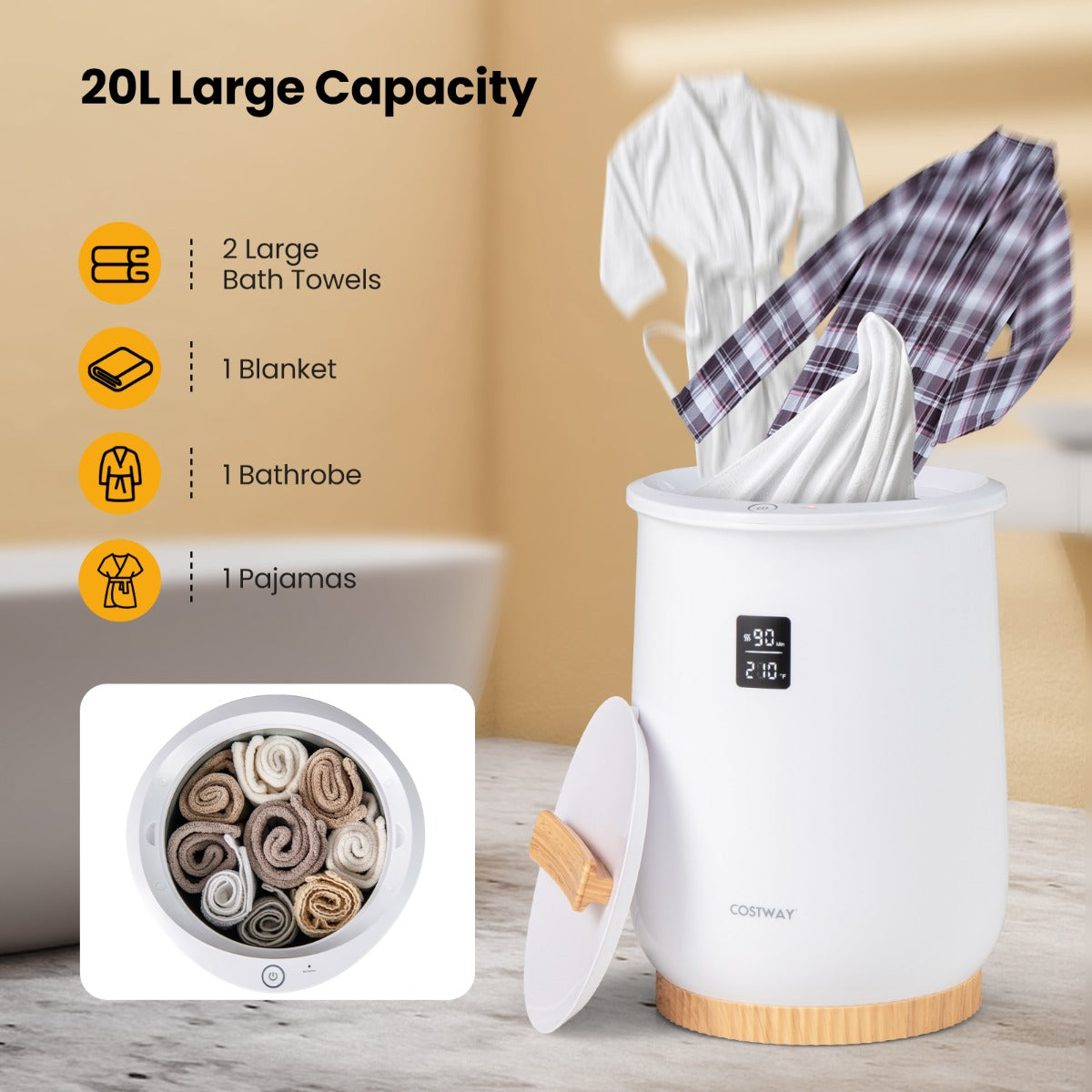 LIVSK Handdoekverwarmer-emmer - Grote Capaciteit 20L - Snel Verwarmen - Eenvoudige Bediening - Wit