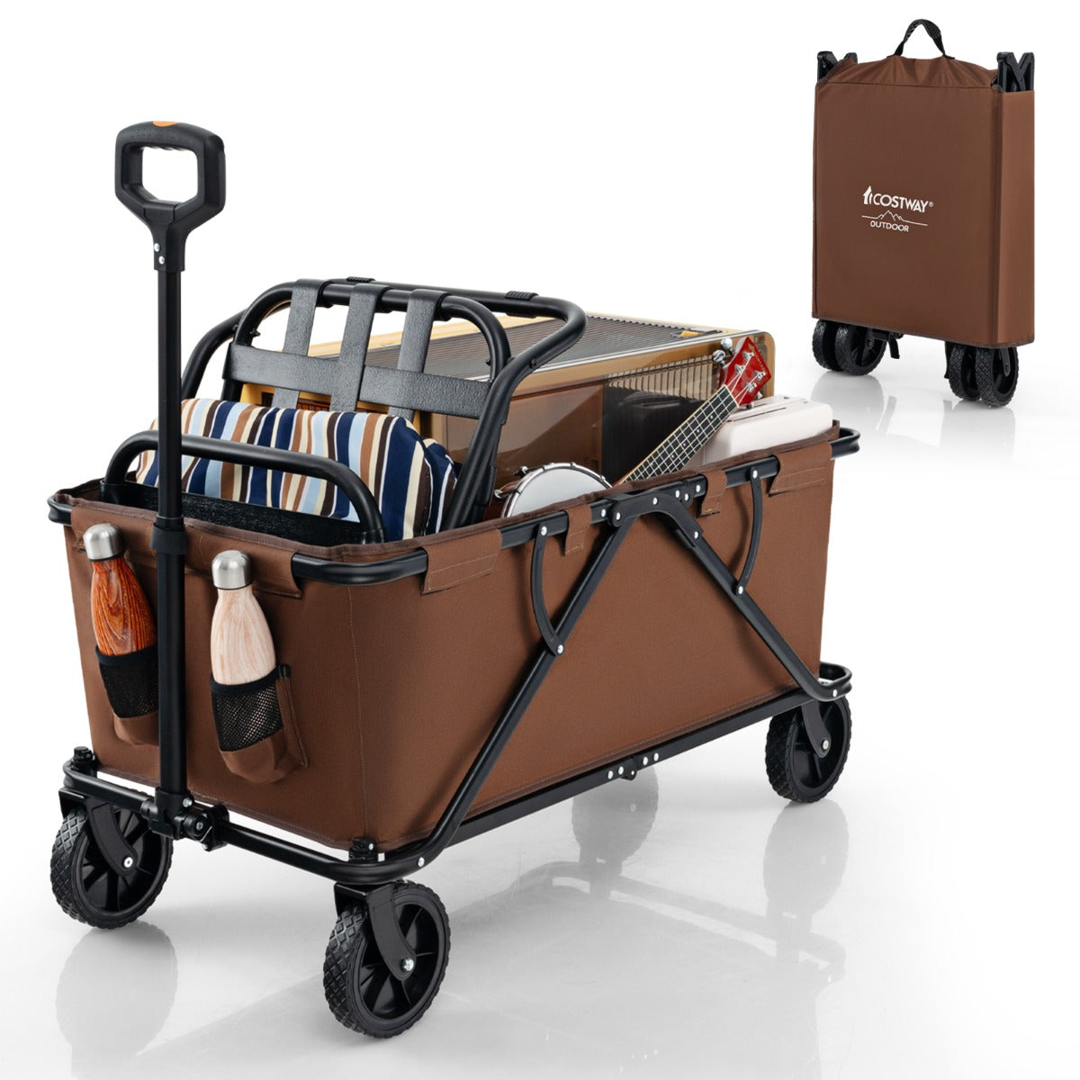 LIVSK Grote Vouwwagen - Opvouwbaar met Verstelbaar Stuur - 170L Capaciteit - All-terrain Wielen - Inclusief Draagtas - Koffie