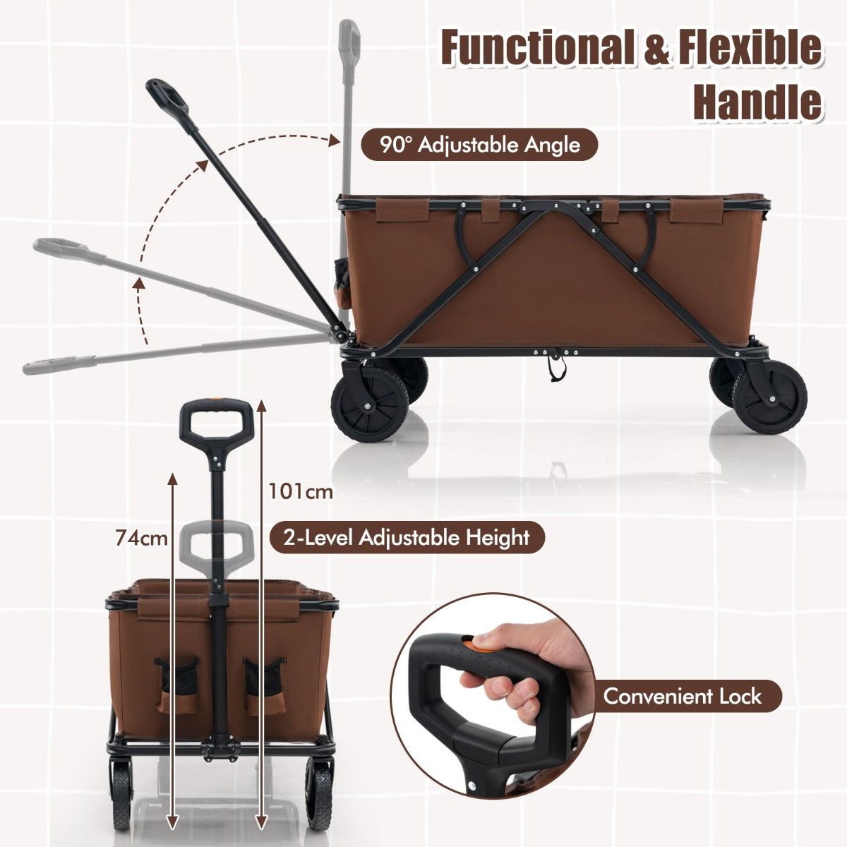 LIVSK Grote Vouwwagen - Opvouwbaar met Verstelbaar Stuur - 170L Capaciteit - All-terrain Wielen - Inclusief Draagtas - Koffie