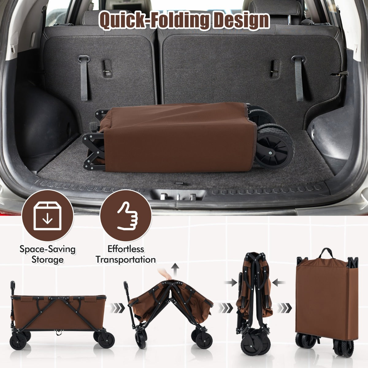 LIVSK Grote Vouwwagen - Opvouwbaar met Verstelbaar Stuur - 170L Capaciteit - All-terrain Wielen - Inclusief Draagtas - Koffie