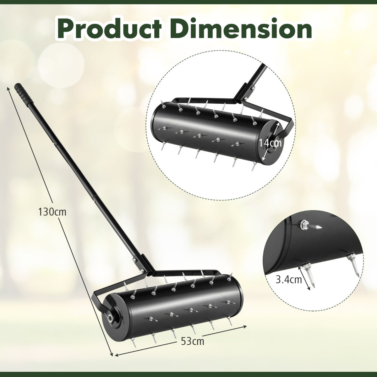 LIVSK Rollende Grasbeluchter met 33 Spikes - Vulbare Trommel 6,8 L - Ergonomische Handgreep - 52 x 130 cm - Zwart