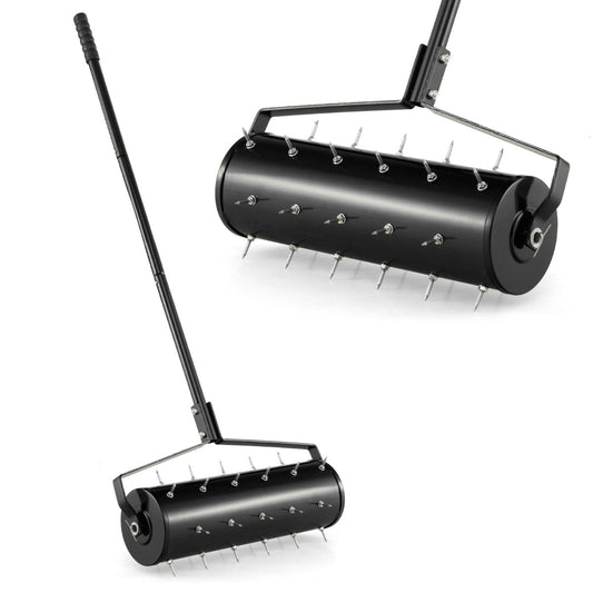 LIVSK Rollende Grasbeluchter met 33 Spikes - Vulbare Trommel 6,8 L - Ergonomische Handgreep - 52 x 130 cm - Zwart