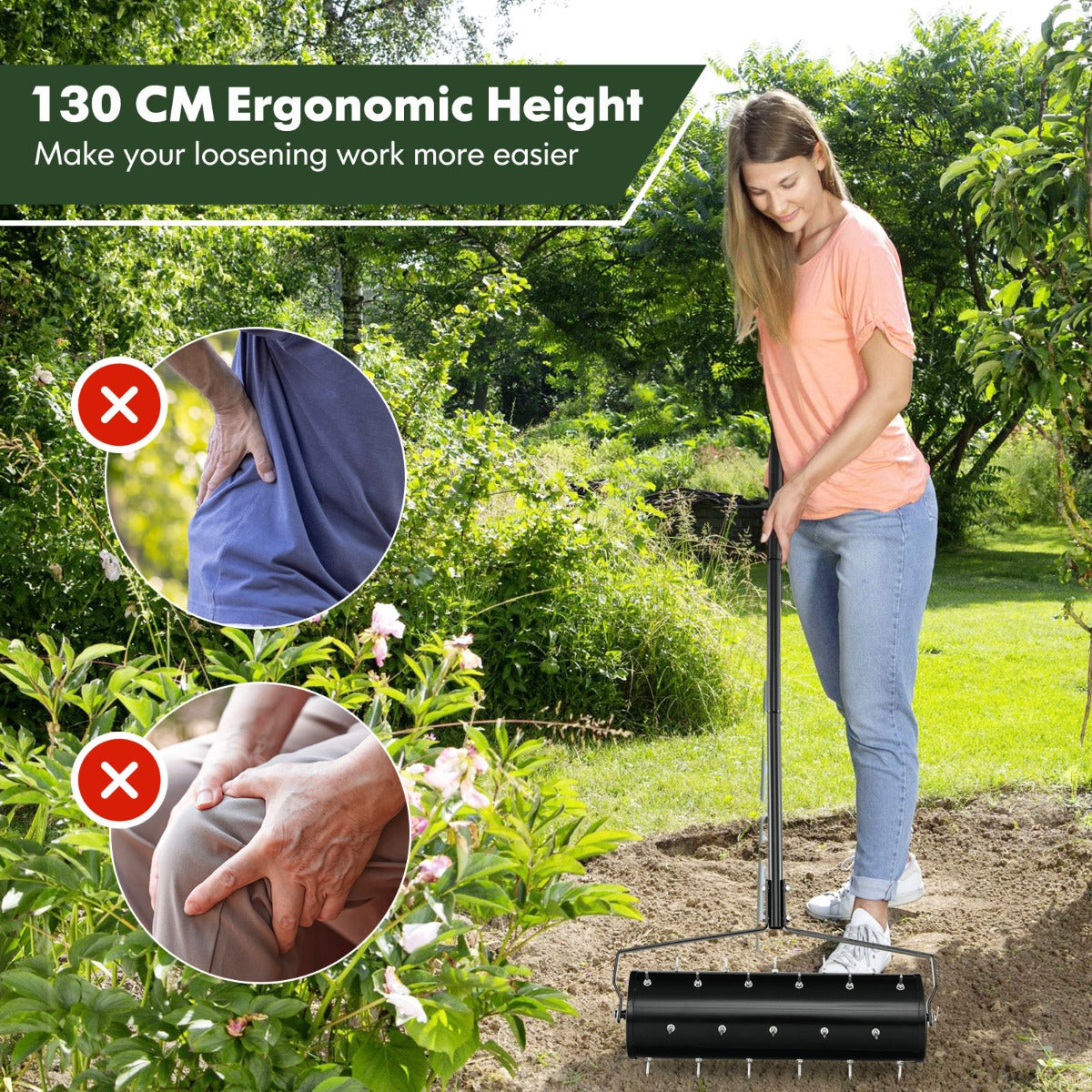 LIVSK Rollende Grasbeluchter met 33 Spikes - Vulbare Trommel 6,8 L - Ergonomische Handgreep - 52 x 130 cm - Zwart