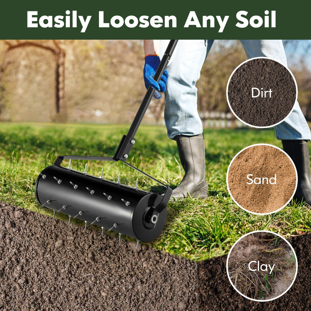 LIVSK Rollende Grasbeluchter met 33 Spikes - Vulbare Trommel 6,8 L - Ergonomische Handgreep - 52 x 130 cm - Zwart