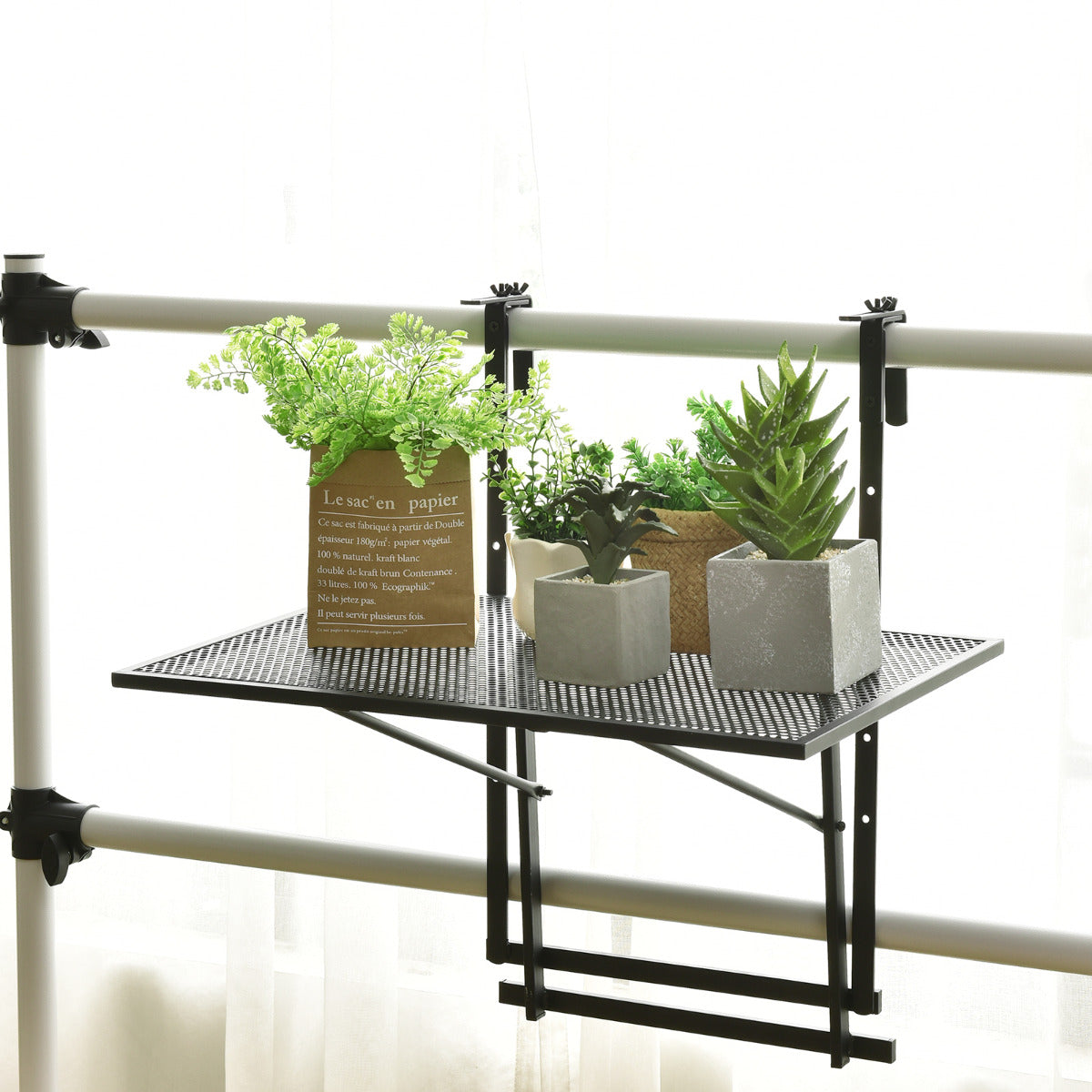LIVSK opvouwbare balkontafel - Verstelbaar in 5 hoogtes - Duurzaam ijzer - Ideaal voor planten en spulletjes - Zwart