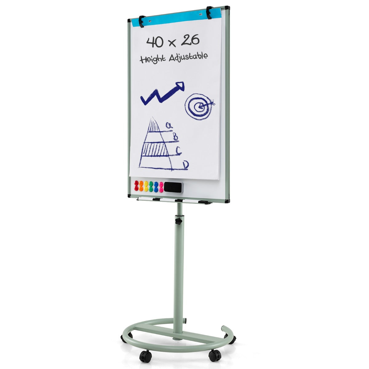 LIVSK Magnetisch Whiteboard - Verstelbaar met Wieltjes - Inclusief 12 Magneten en 6 Markeerstiften - 100 x 65 cm - Groen