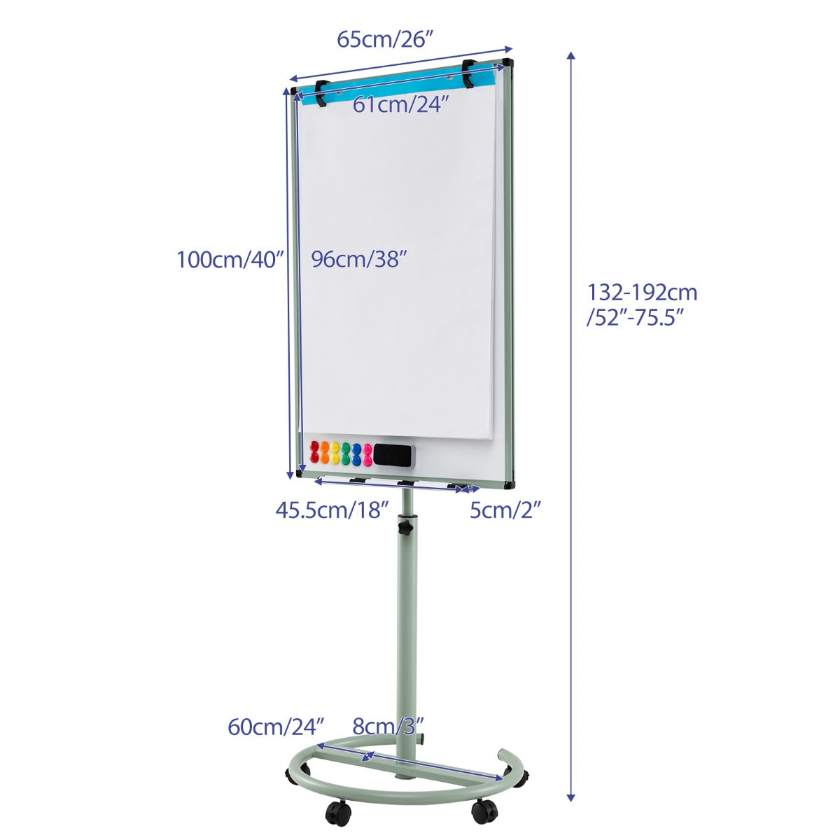 LIVSK Magnetisch Whiteboard - Verstelbaar met Wieltjes - Inclusief 12 Magneten en 6 Markeerstiften - 100 x 65 cm - Groen