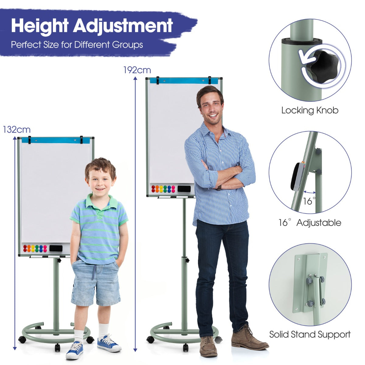 LIVSK Magnetisch Whiteboard - Verstelbaar met Wieltjes - Inclusief 12 Magneten en 6 Markeerstiften - 100 x 65 cm - Groen