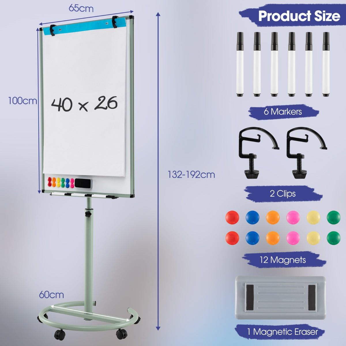 LIVSK Magnetisch Whiteboard - Verstelbaar met Wieltjes - Inclusief 12 Magneten en 6 Markeerstiften - 100 x 65 cm - Groen