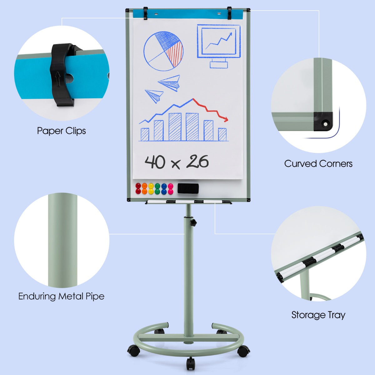 LIVSK Magnetisch Whiteboard - Verstelbaar met Wieltjes - Inclusief 12 Magneten en 6 Markeerstiften - 100 x 65 cm - Groen