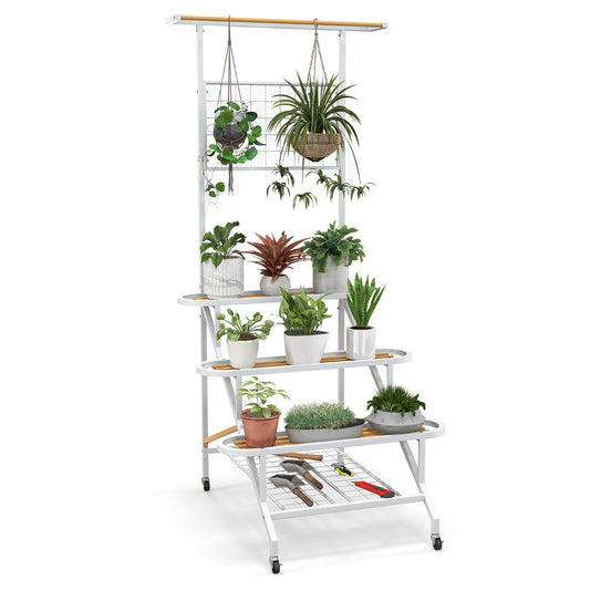 LIVSK Ladder Plantenstandaard met 4 Planken - Ruimtebesparend met Zwenkwielen - Voor Planten en Gereedschap - Wit