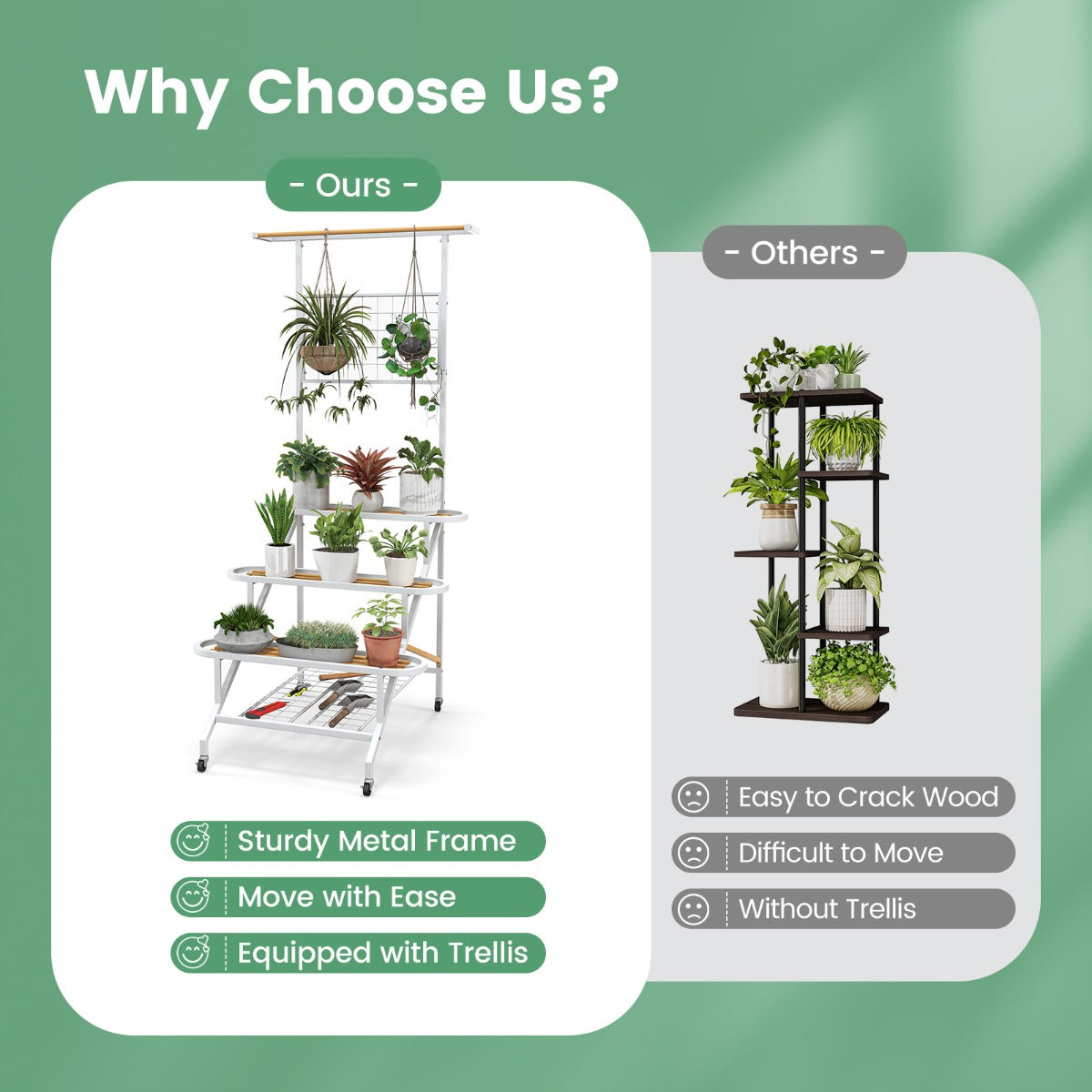 LIVSK Ladder Plantenstandaard met 4 Planken - Ruimtebesparend met Zwenkwielen - Voor Planten en Gereedschap - Wit
