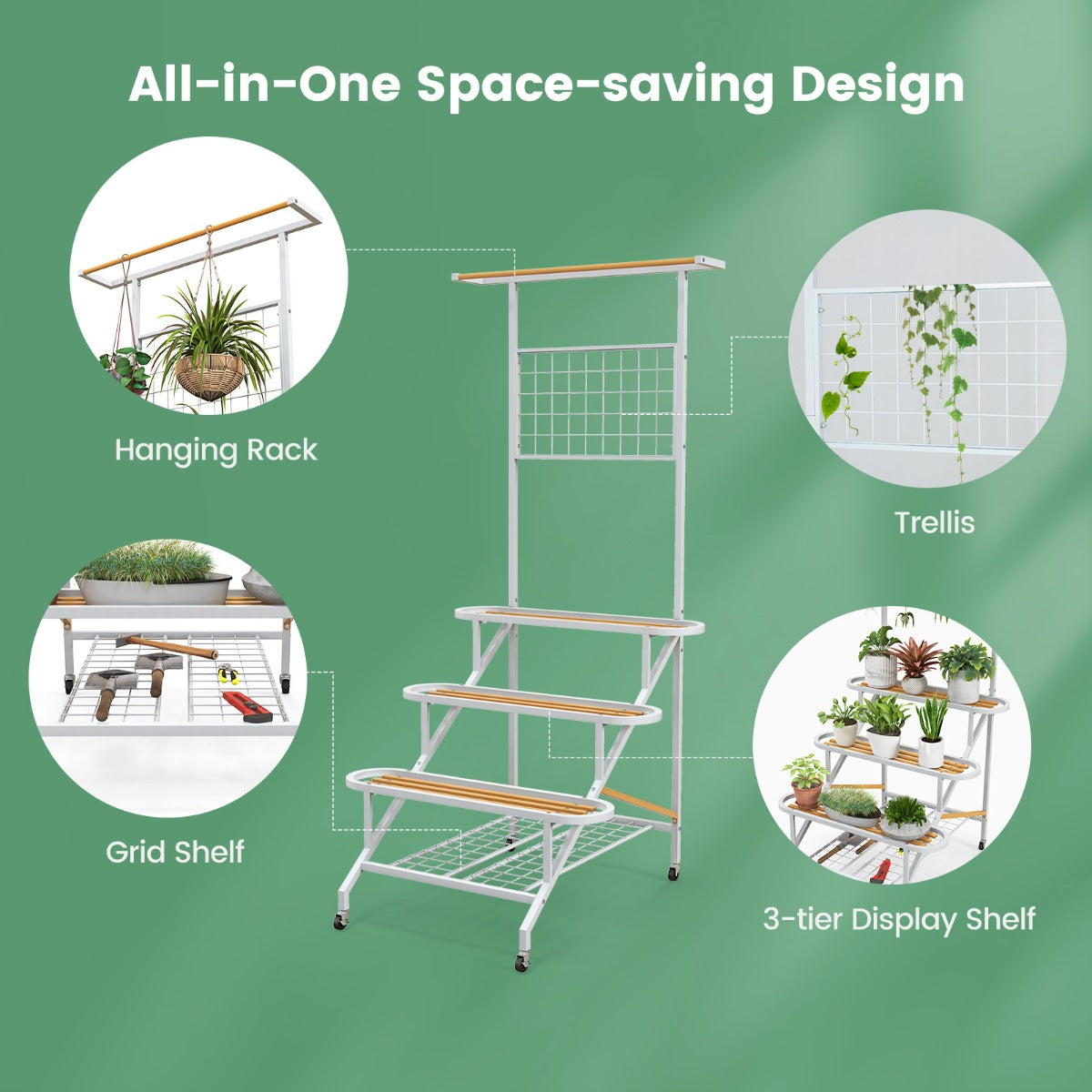 LIVSK Ladder Plantenstandaard met 4 Planken - Ruimtebesparend met Zwenkwielen - Voor Planten en Gereedschap - Wit
