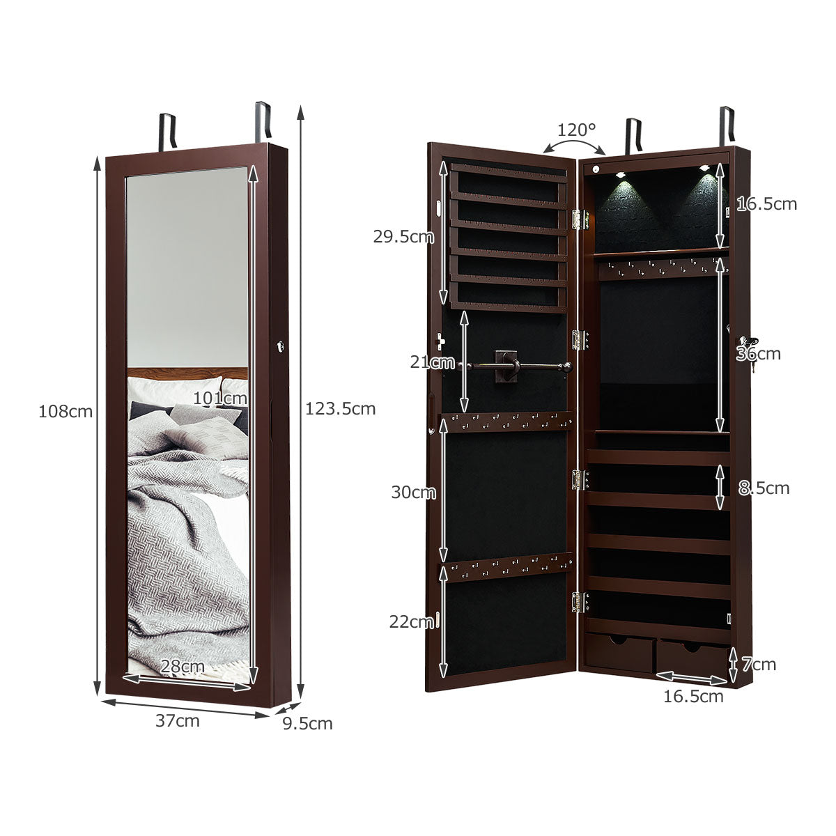 LIVSK Hangende Sieradenkast met LED-verlichting - Ruime Opbergruimte - Full-body Spiegel - Afsluitbaar - Wand-/Deurmontage - Bruin