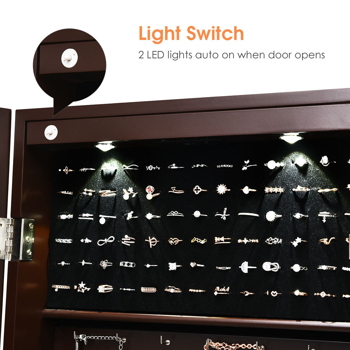 LIVSK Hangende Sieradenkast met LED-verlichting - Ruime Opbergruimte - Full-body Spiegel - Afsluitbaar - Wand-/Deurmontage - Bruin