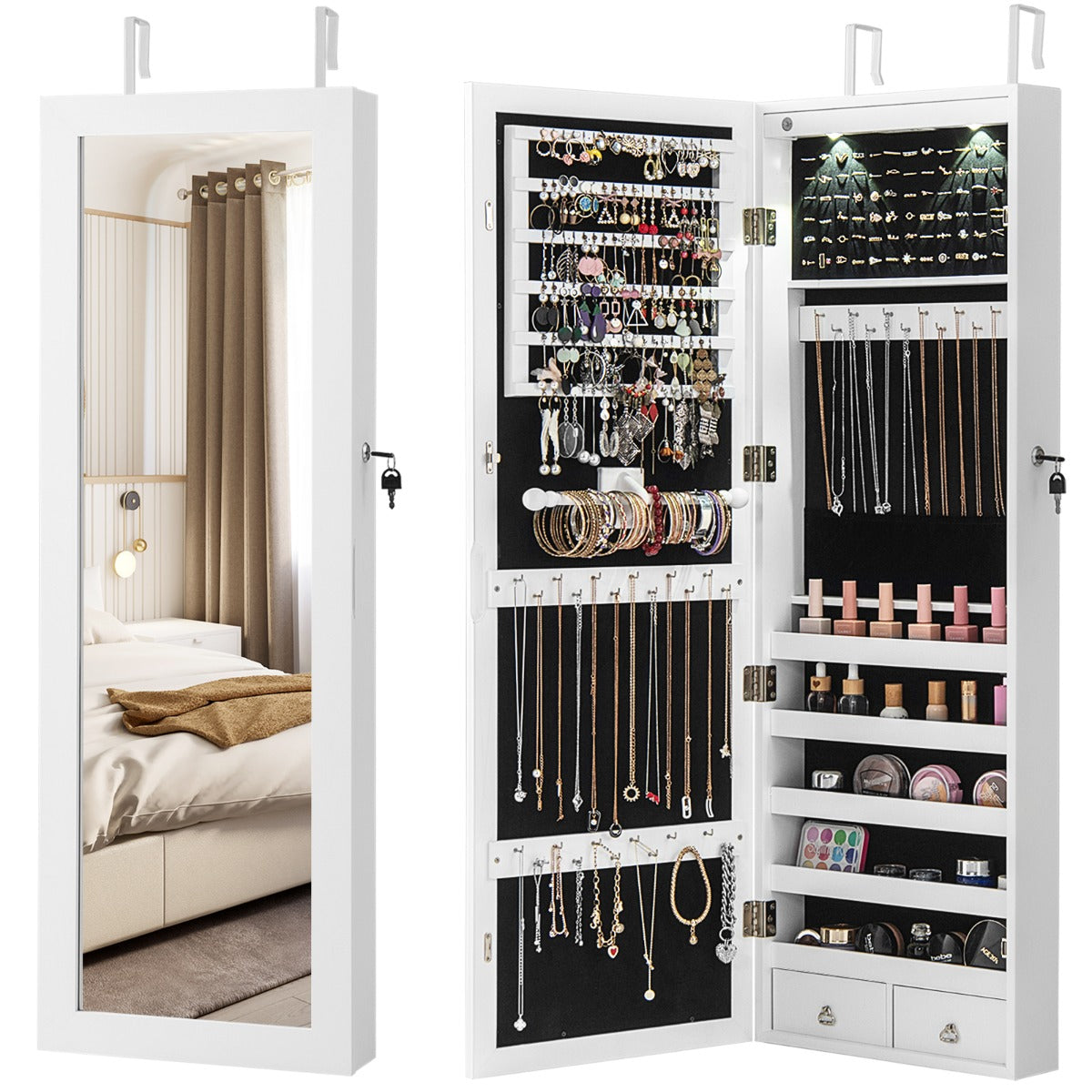 LIVSK Hangende Sieradenkast met LED-verlichting - Full-body Spiegel - 108 Vakjes - Deur-/Wandmontage - Wit