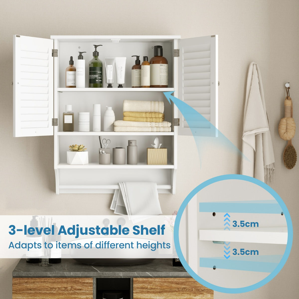 LIVSK Wandkast Badkamer - Verstelbare Plank - Waterbestendig MDF - Ruimtebesparend - 58 x 22 x 75 cm - Wit