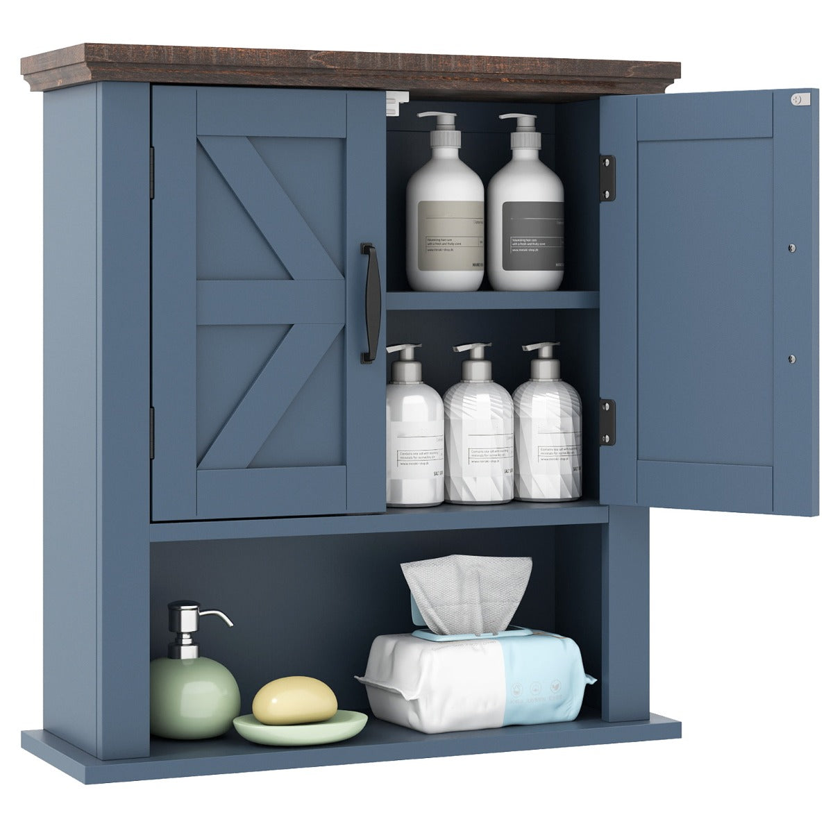 Livsk costway hangkast wandkast van hout met verstelbare legplanken deuren en open opbergvak badkamerkast marineblauw 1 1