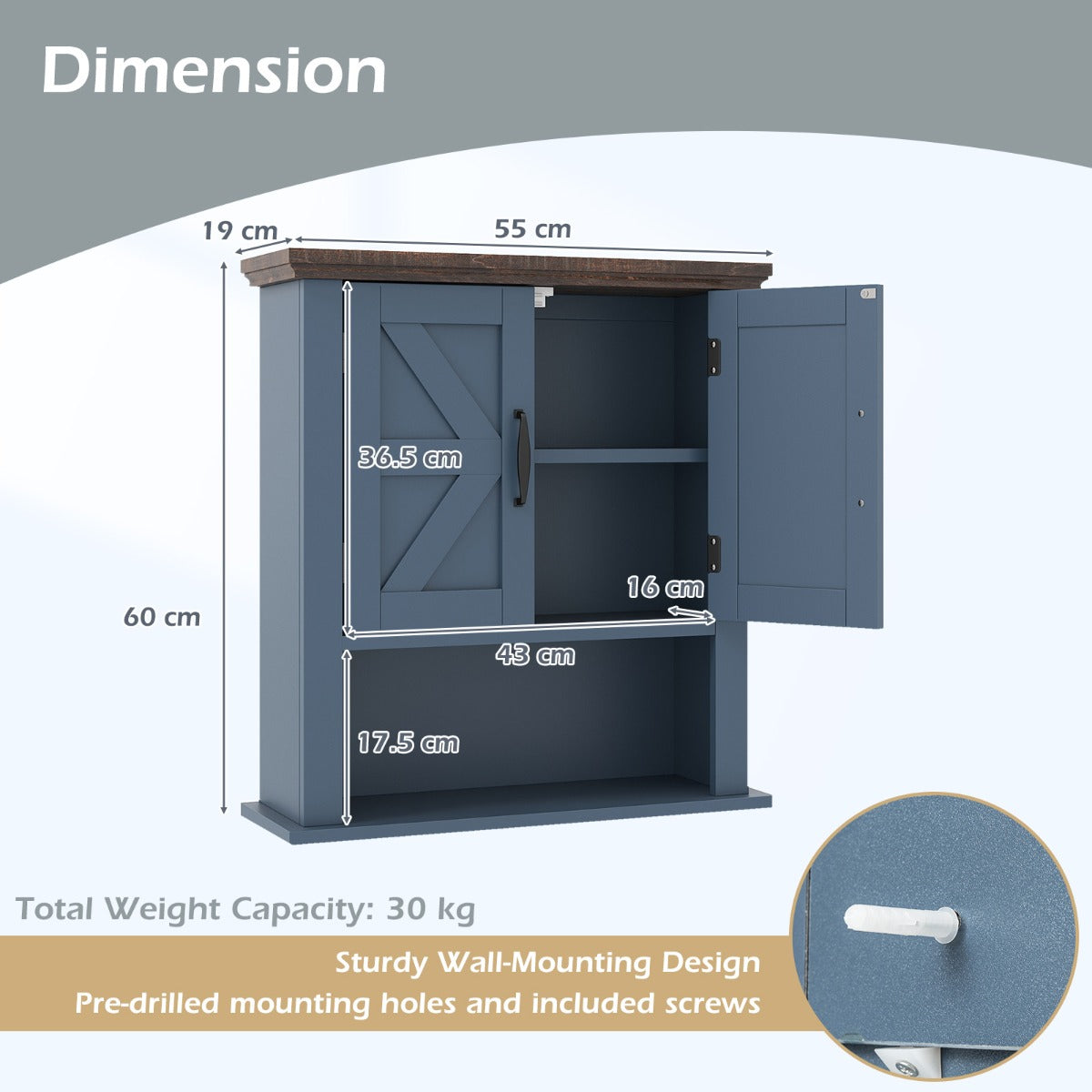 Livsk costway hangkast wandkast van hout met verstelbare legplanken deuren en open opbergvak badkamerkast marineblauw 2
