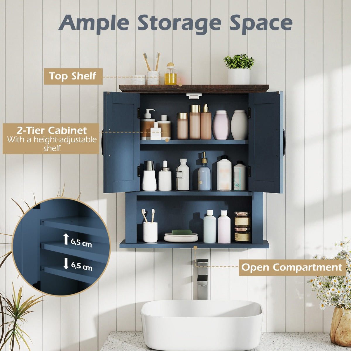 Livsk costway hangkast wandkast van hout met verstelbare legplanken deuren en open opbergvak badkamerkast marineblauw 3