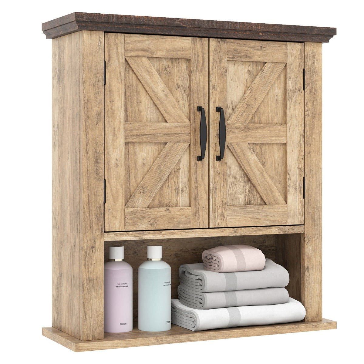 Livsk costway hangkast wandkast van hout met verstelbare legplanken deuren en open opbergvak badkamerkast naturel