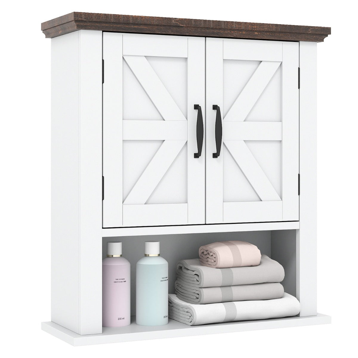Livsk costway hangkast wandkast van hout met verstelbare legplanken deuren en open opbergvak badkamerkast wit