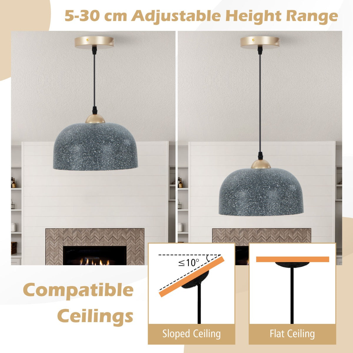 LIVSK Moderne Hanglamp - Verstelbare Ophangkabel 5-30 cm - E27 Lampvoet - Geschikt voor Schuine en Vlakke Plafonds - Grijs