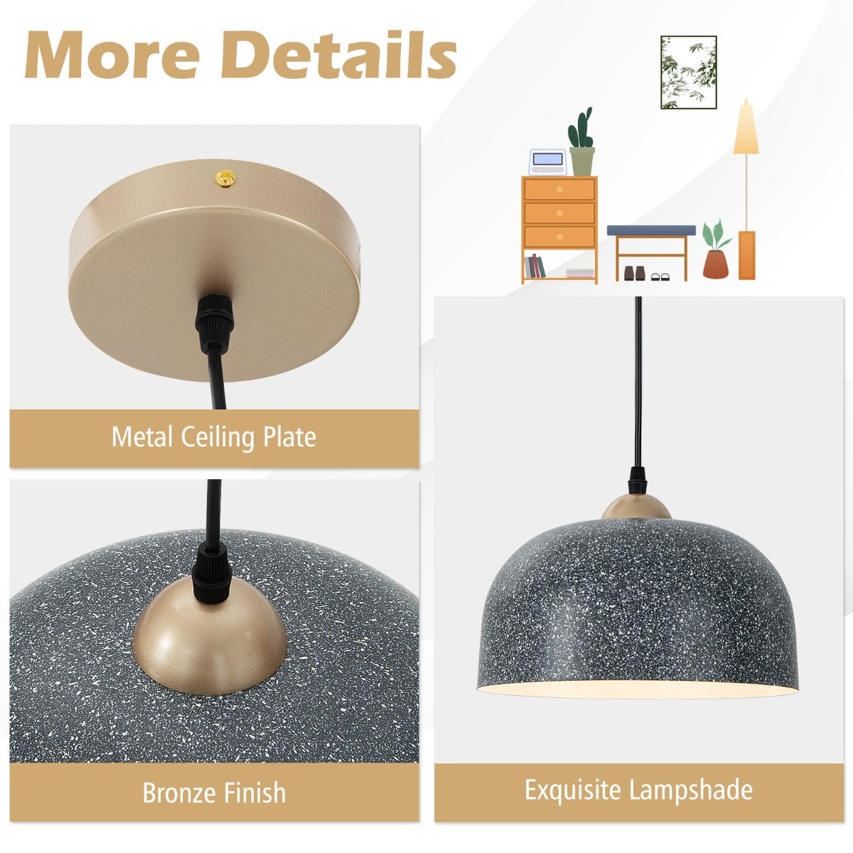 LIVSK Moderne Hanglamp - Verstelbare Ophangkabel 5-30 cm - E27 Lampvoet - Geschikt voor Schuine en Vlakke Plafonds - Grijs