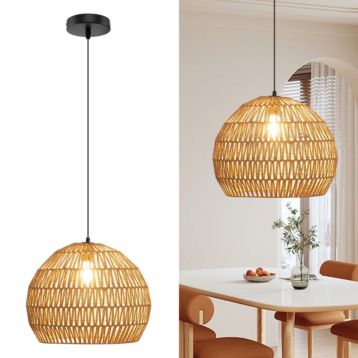 LIVSK handgeweven papieren hanglamp - Verstelbare hoogte 0,5-1,5 m - Duurzaam metaal - Warm licht - Beige/Bruin
