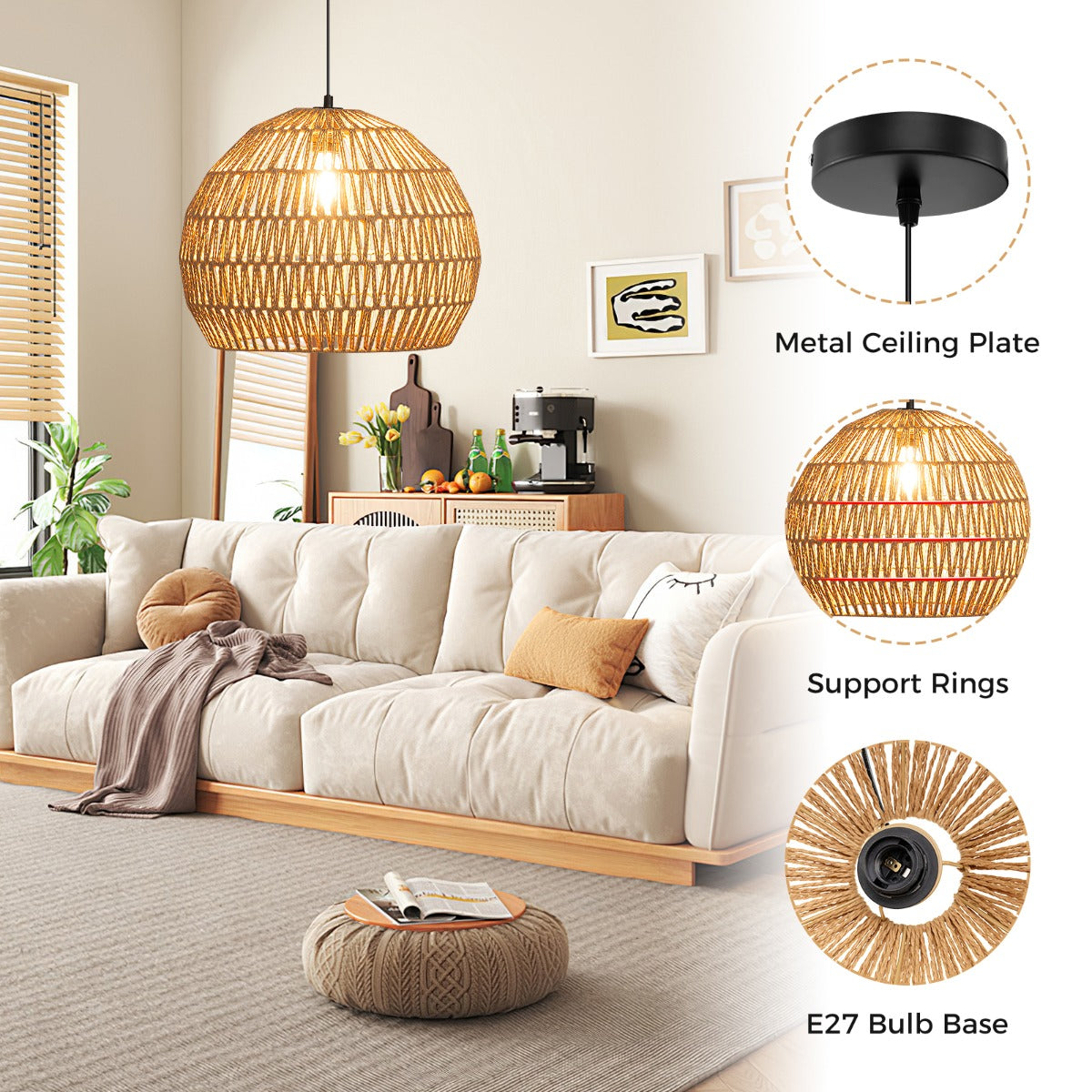 LIVSK handgeweven papieren hanglamp - Verstelbare hoogte 0,5-1,5 m - Duurzaam metaal - Warm licht - Beige/Bruin