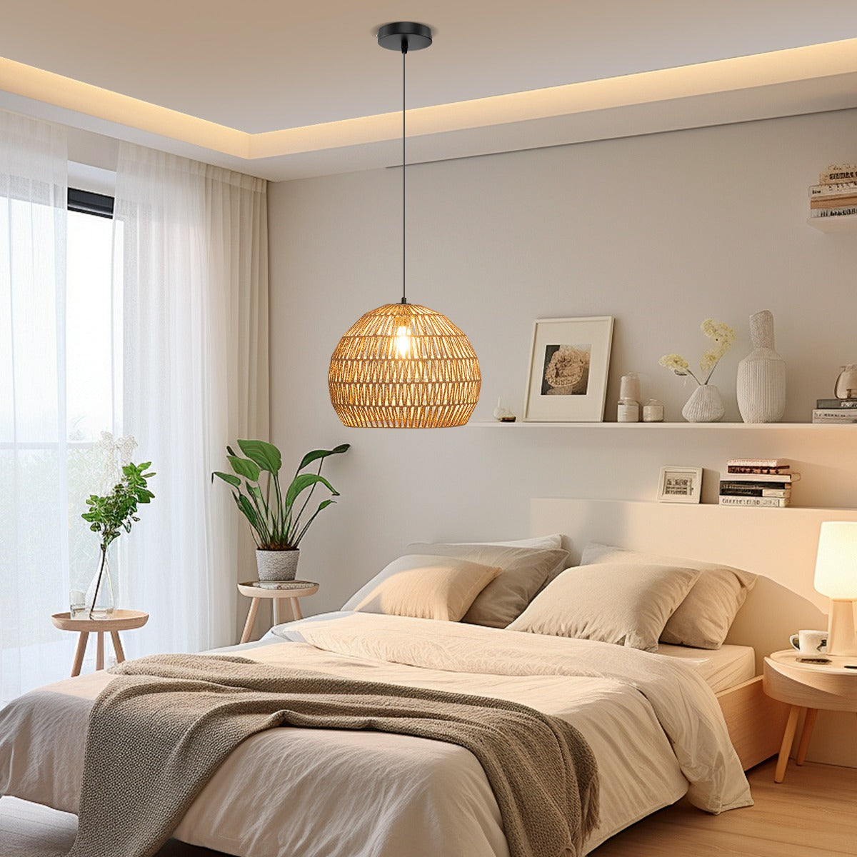 LIVSK handgeweven papieren hanglamp - Verstelbare hoogte 0,5-1,5 m - Duurzaam metaal - Warm licht - Beige/Bruin