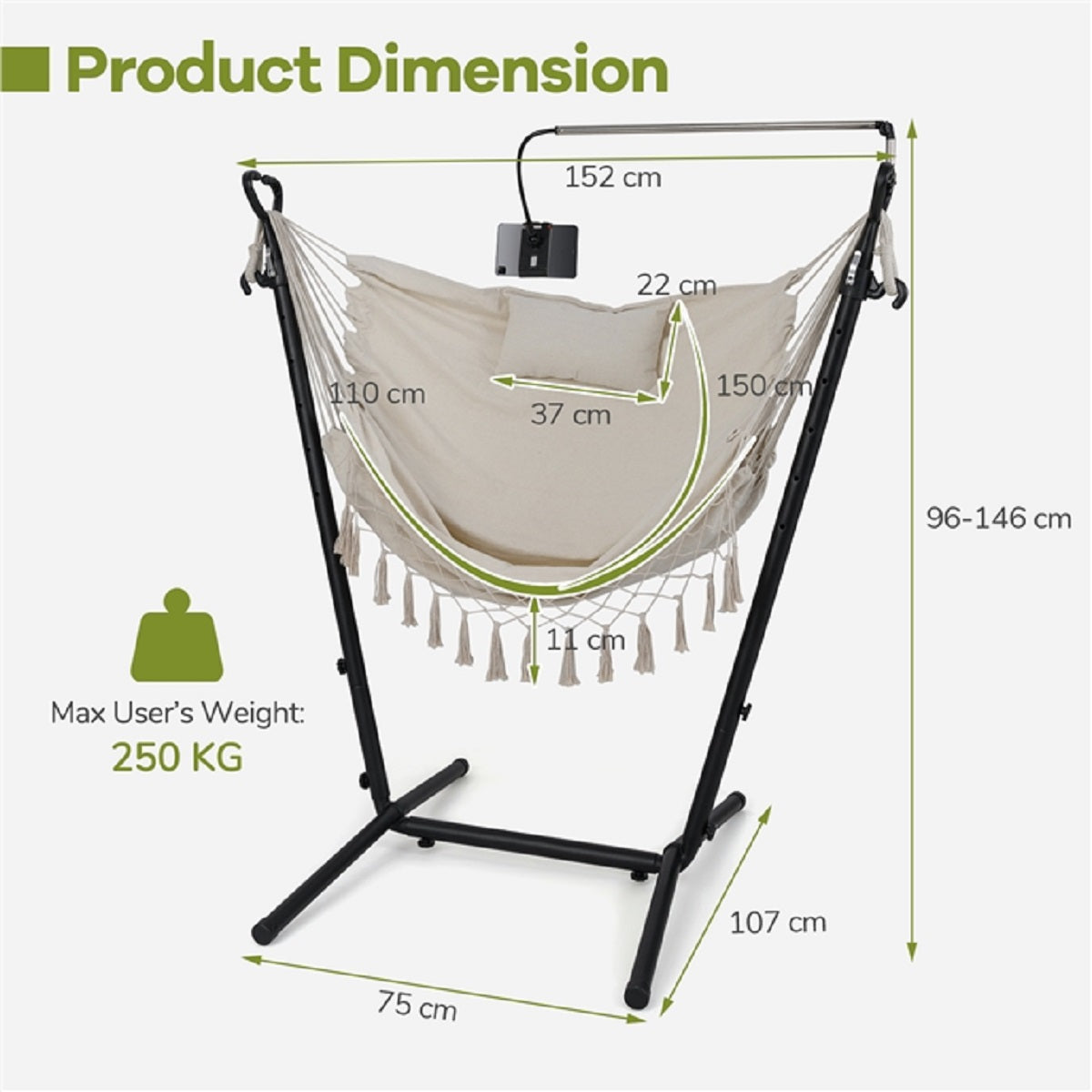 LIVSK Hangstoel met Standaard - U-vormig Metaal - 6 Verstelbare Hoogtes - Telefoonhouder - Tot 250 kg - Beige