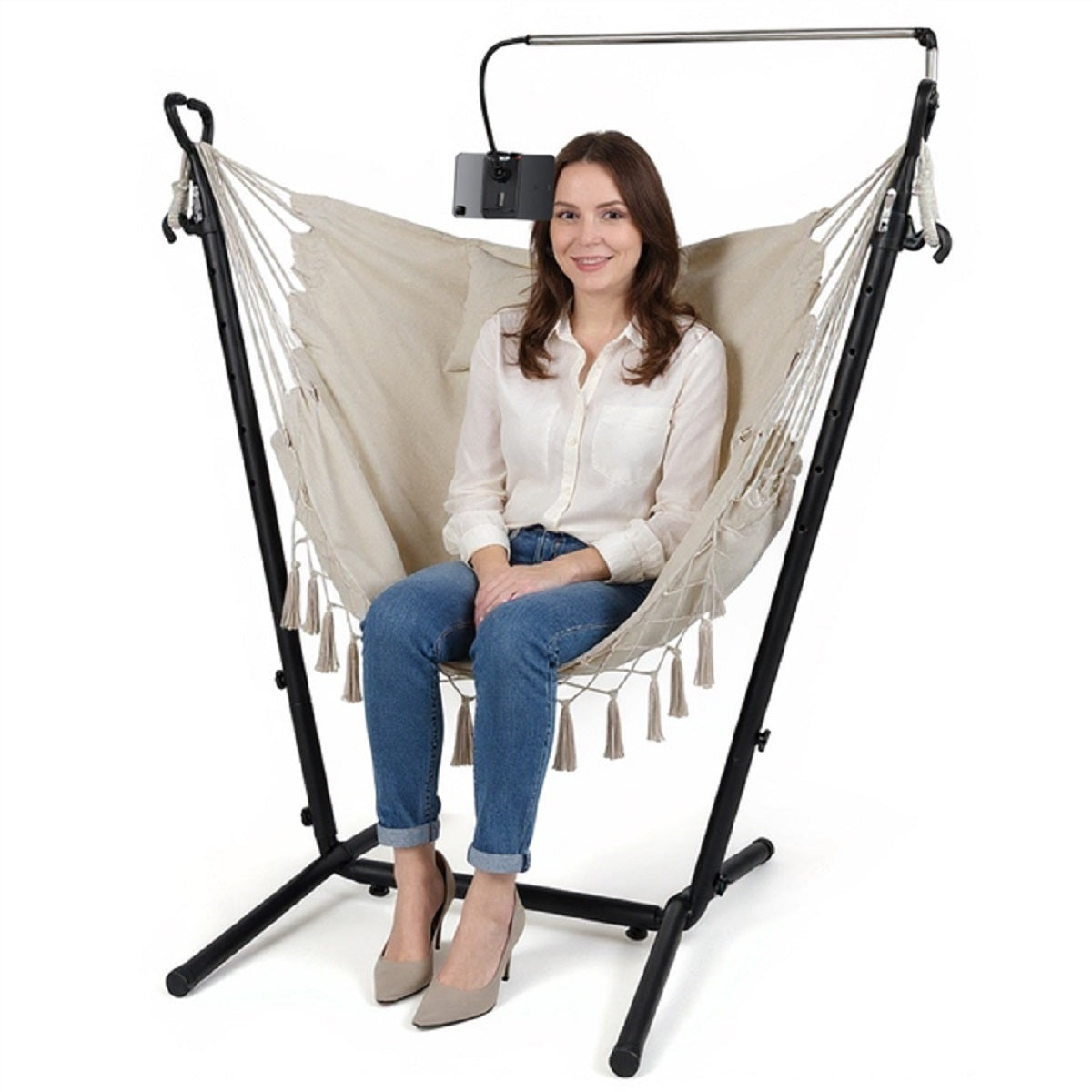 LIVSK Hangstoel met Standaard - U-vormig Metaal - 6 Verstelbare Hoogtes - Telefoonhouder - Tot 250 kg - Beige