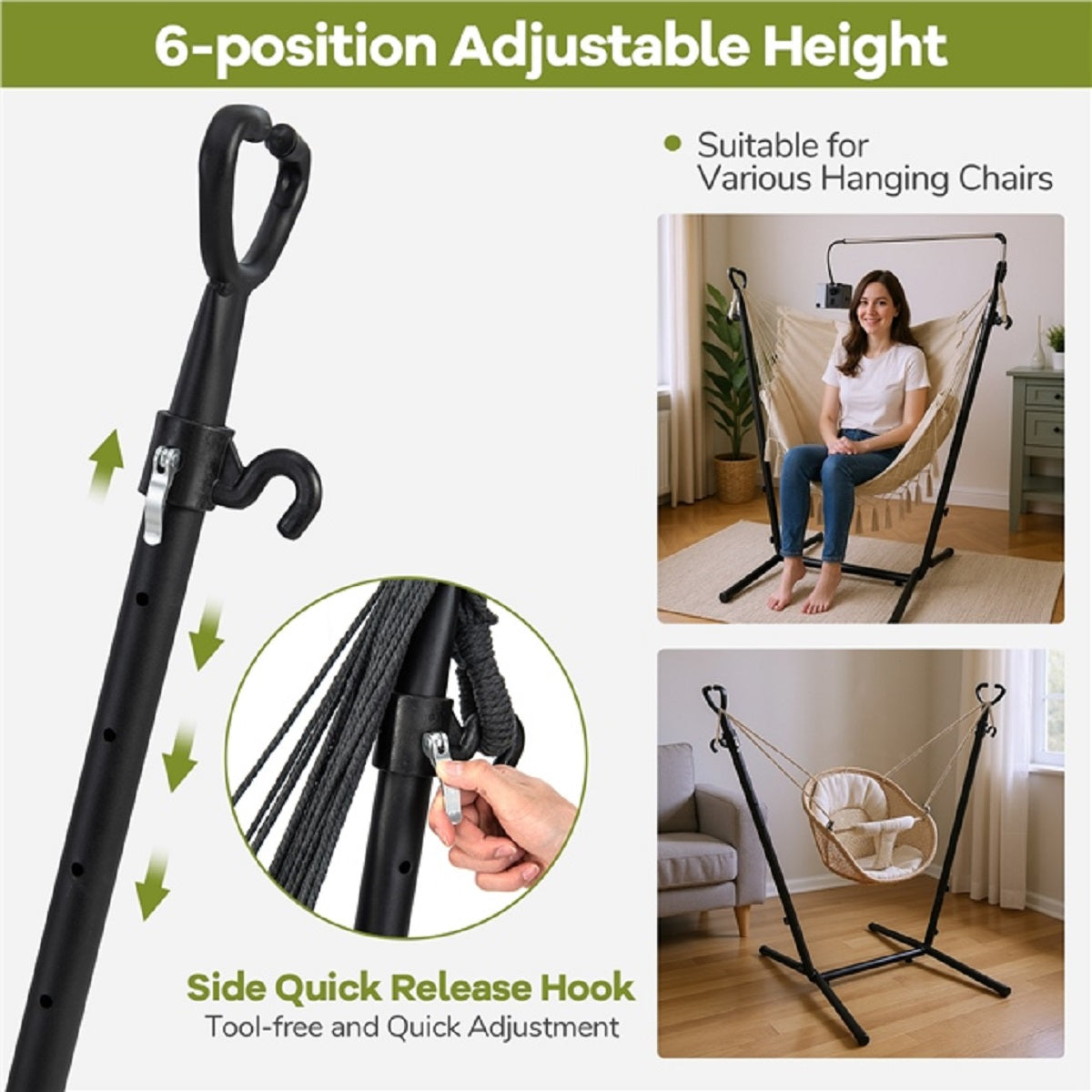 LIVSK Hangstoel met Standaard - U-vormig Metaal - 6 Verstelbare Hoogtes - Telefoonhouder - Tot 250 kg - Beige