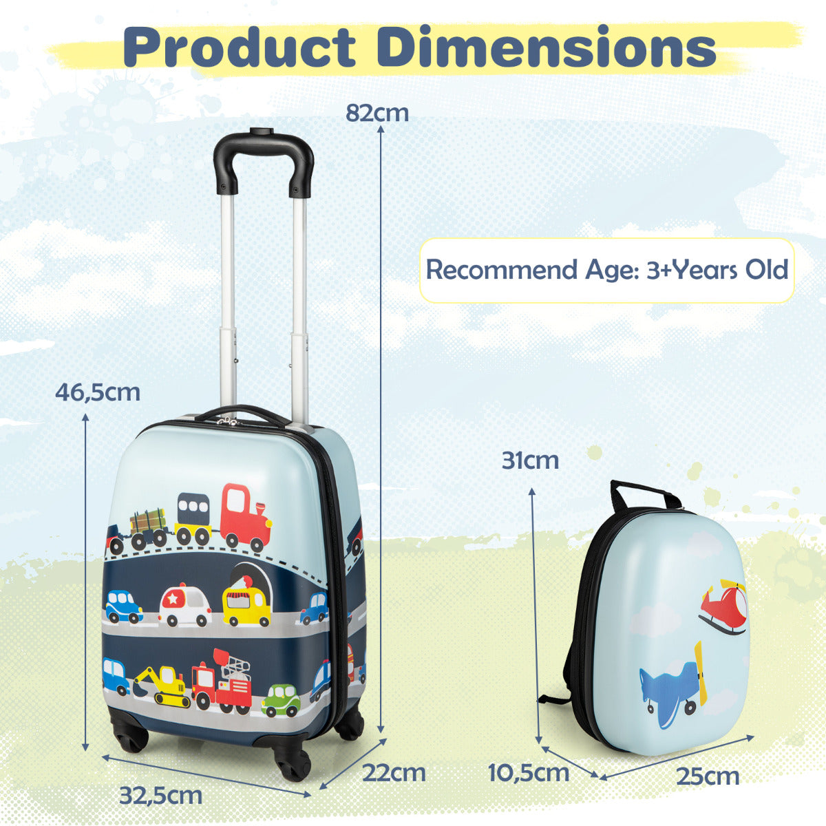 LIVSK 2-delige Kindertrolley Bagageset - Hardshell Koffer & Rugzak - Ergonomisch - Waterdicht - Tot 8 kg - Blauw