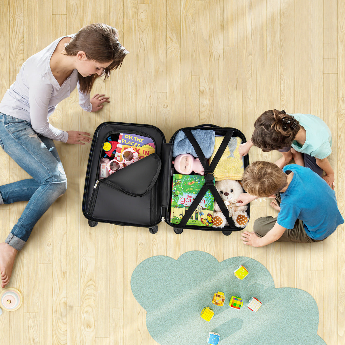 LIVSK 2-delige Kindertrolley Bagageset - Hardshell Koffer & Rugzak - Ergonomisch - Waterdicht - Tot 8 kg - Blauw