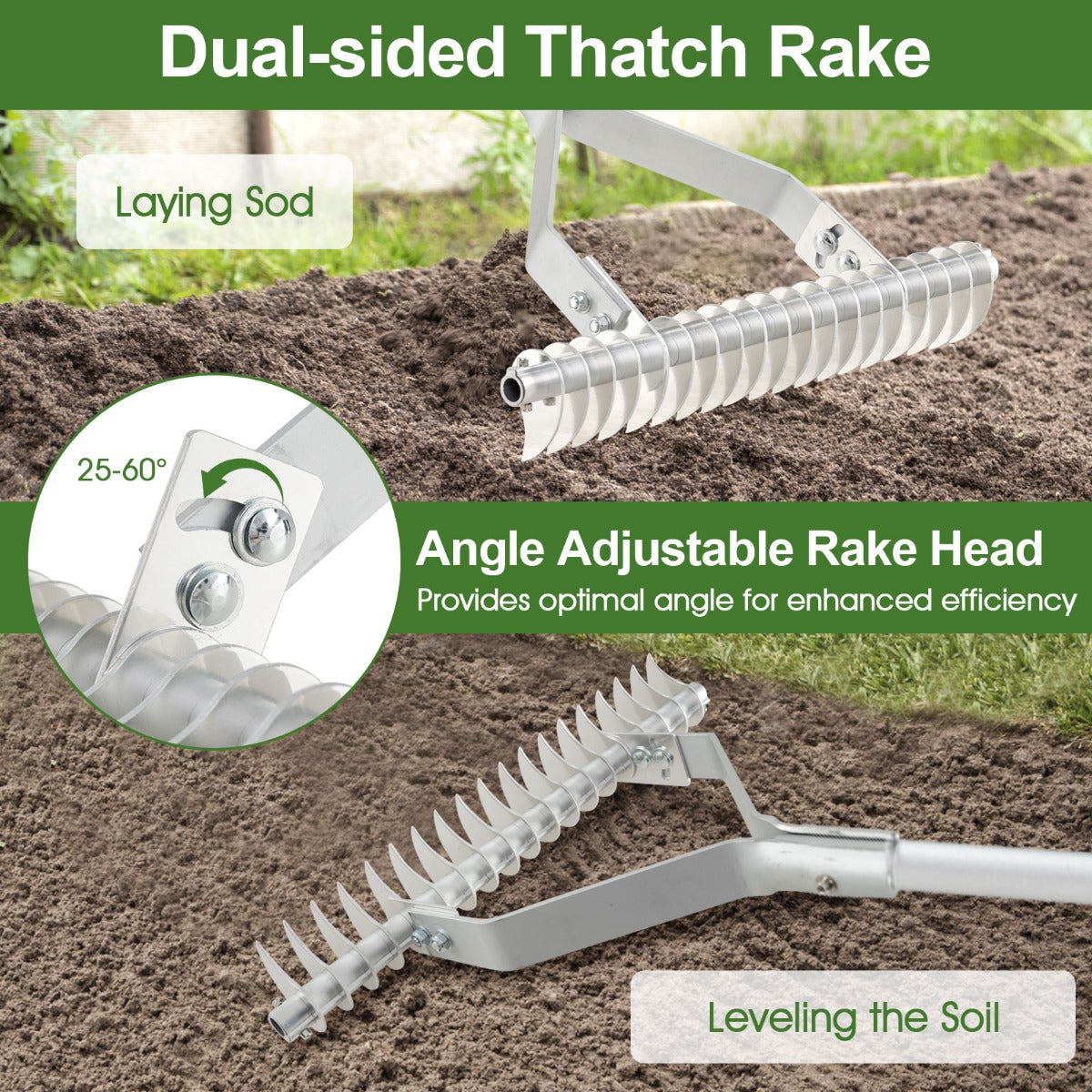 LIVSK Dubbelzijdige Verstelbare Tuinhark 50 cm - 25-60 graden - Ergonomisch Handvat - Roestbestendig Aluminium - Zilver