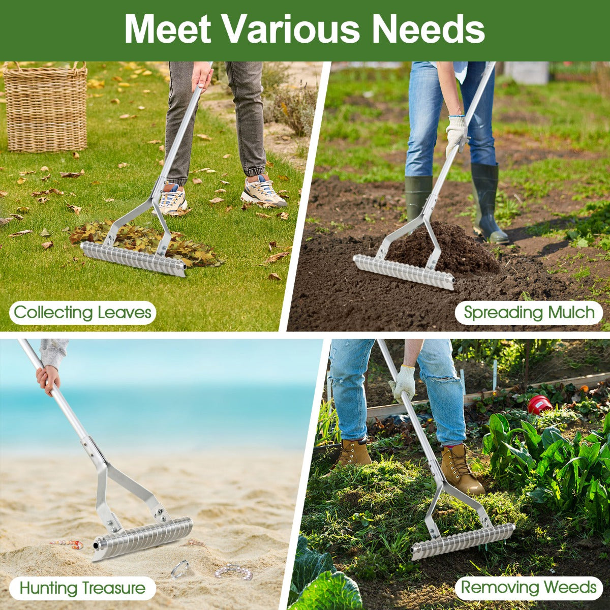LIVSK Dubbelzijdige Verstelbare Tuinhark 50 cm - 25-60 graden - Ergonomisch Handvat - Roestbestendig Aluminium - Zilver