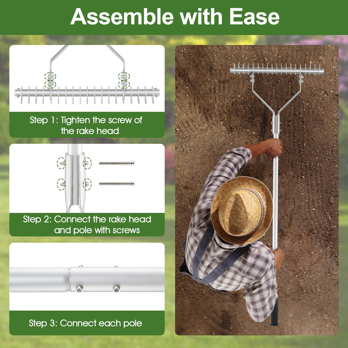 LIVSK Dubbelzijdige Verstelbare Tuinhark 50 cm - 25-60 graden - Ergonomisch Handvat - Roestbestendig Aluminium - Zilver