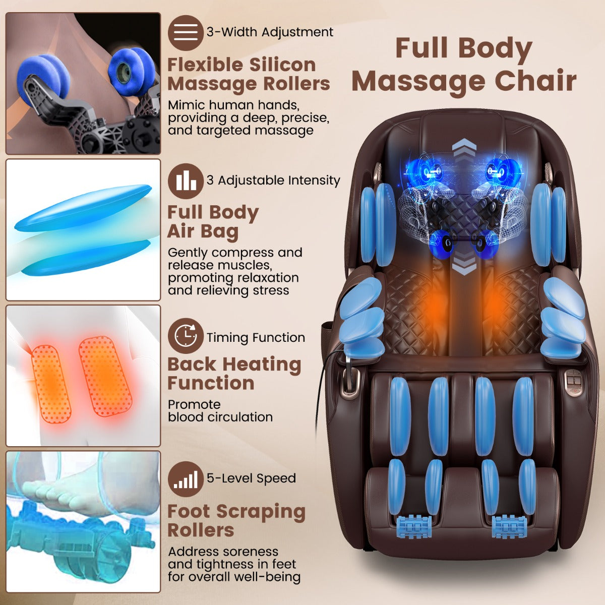 LIVSK Full-body Massagestoel - SL-spoor - 12 Modi - Verwarming - Bluetooth - Tot 150 kg - Bruin