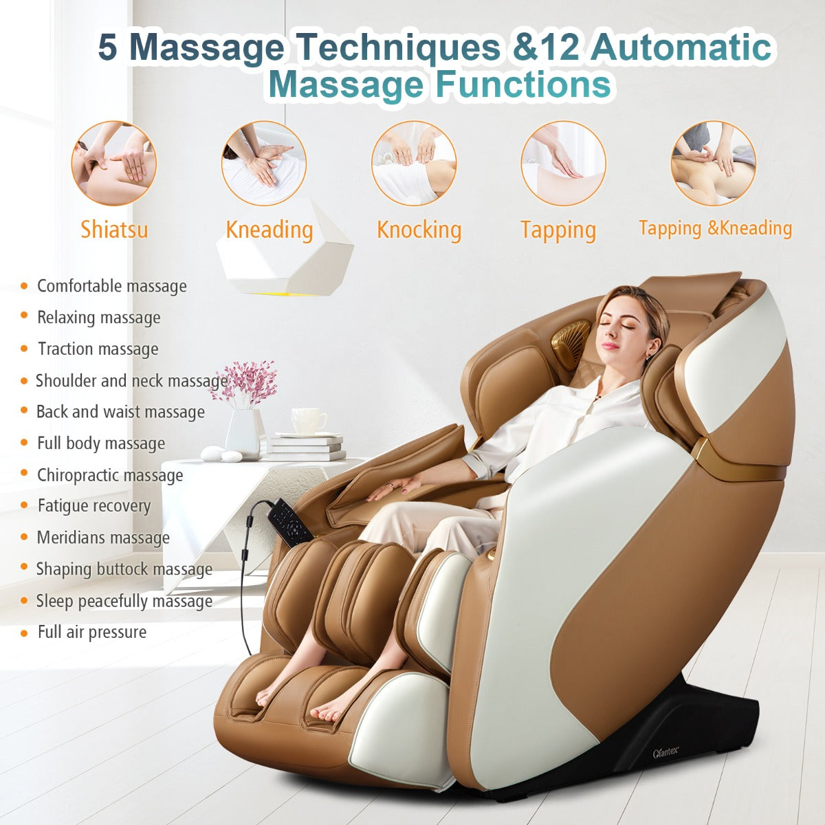 LIVSK Volledige Lichaamsmassagestoel - SL-spoor - 12 Modi - Verwarming - Bluetooth - Max 150 kg - Lichtbruin