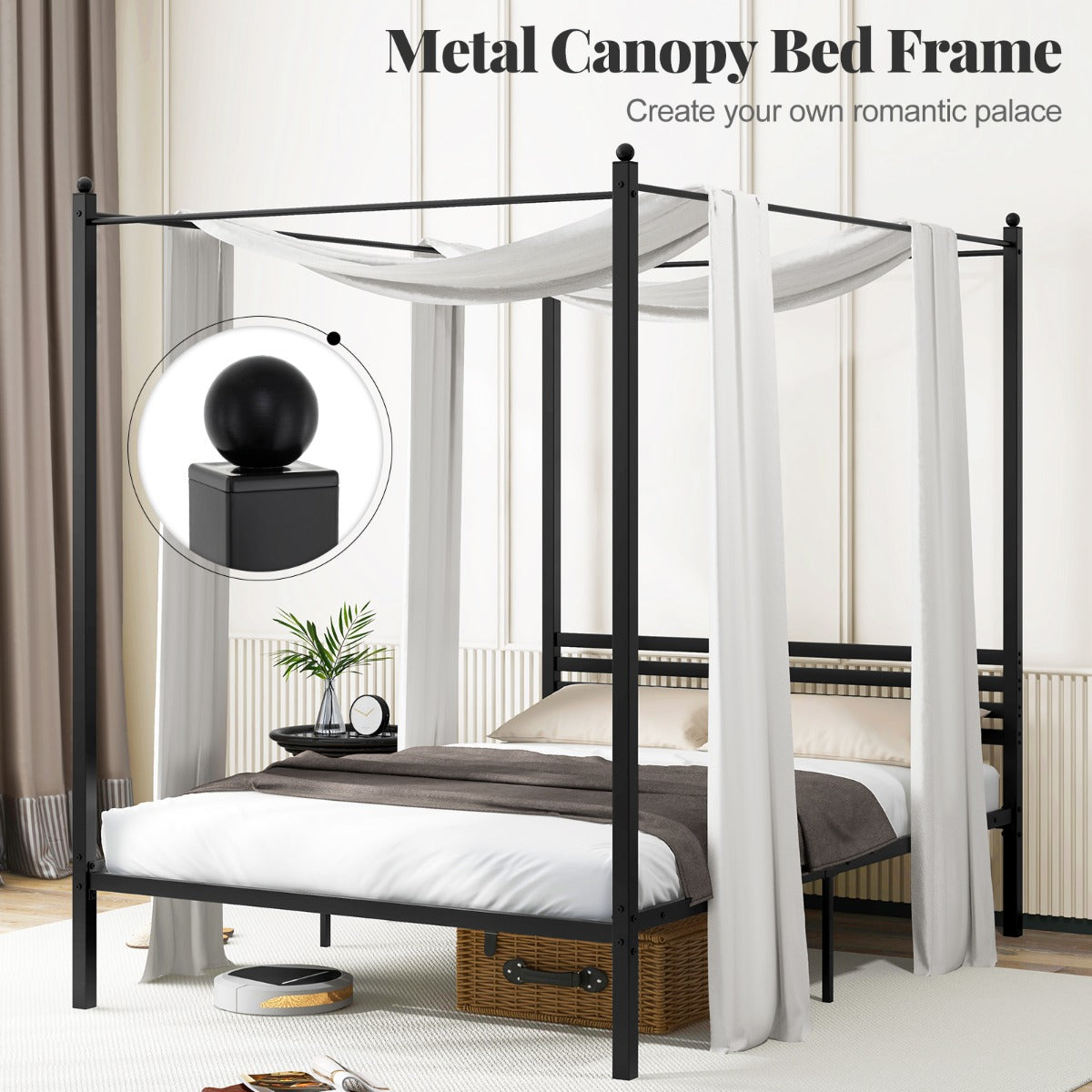 LIVSK Hemelbedframe met Lattenbodem - Sterke Constructie tot 300 kg - Inclusief Opbergruimte - Eenvoudige Montage - Zwart