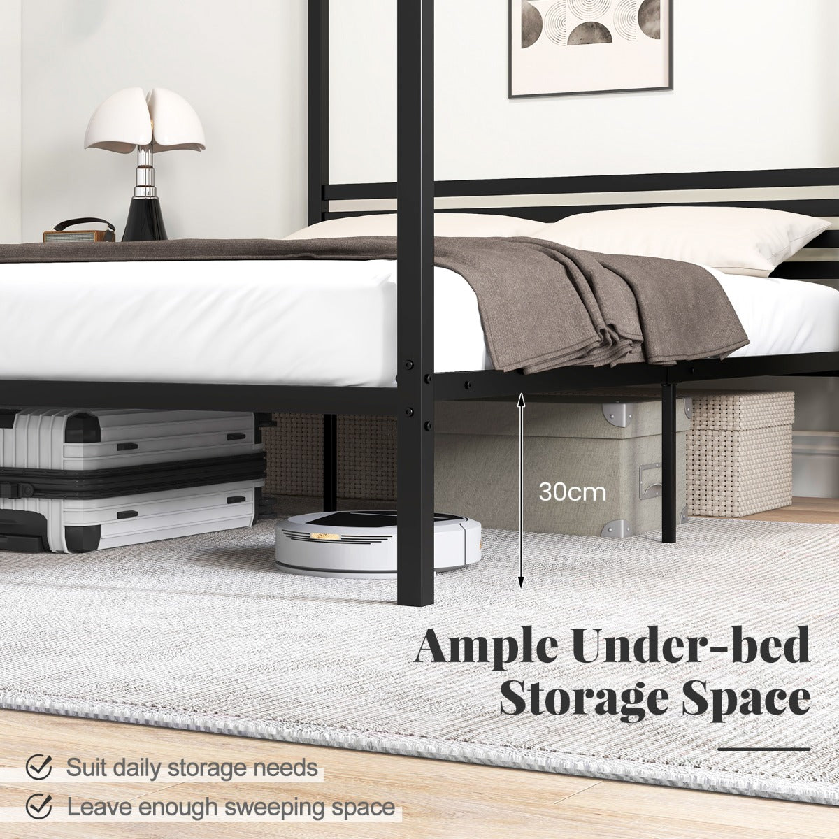 LIVSK Hemelbedframe met Lattenbodem - Sterke Constructie tot 300 kg - Inclusief Opbergruimte - Eenvoudige Montage - Zwart