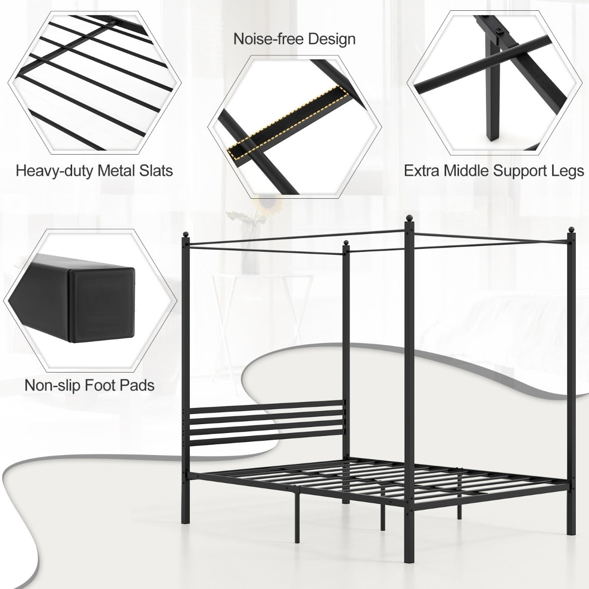 LIVSK Hemelbedframe met Lattenbodem - Sterke Constructie tot 300 kg - Inclusief Opbergruimte - Eenvoudige Montage - Zwart