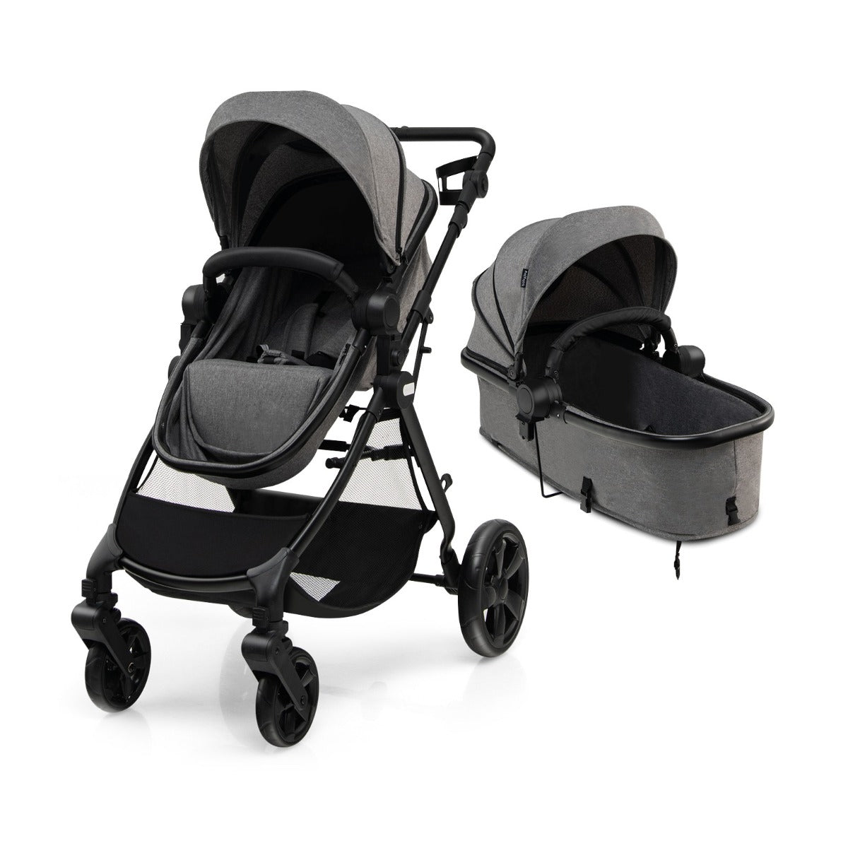 LIVSK Converteerbare Kinderwagen - 360 Graden Draaiend - Verstelbare Rugleuning - Lichtgewicht Aluminium - Tot 15 kg - Grijs