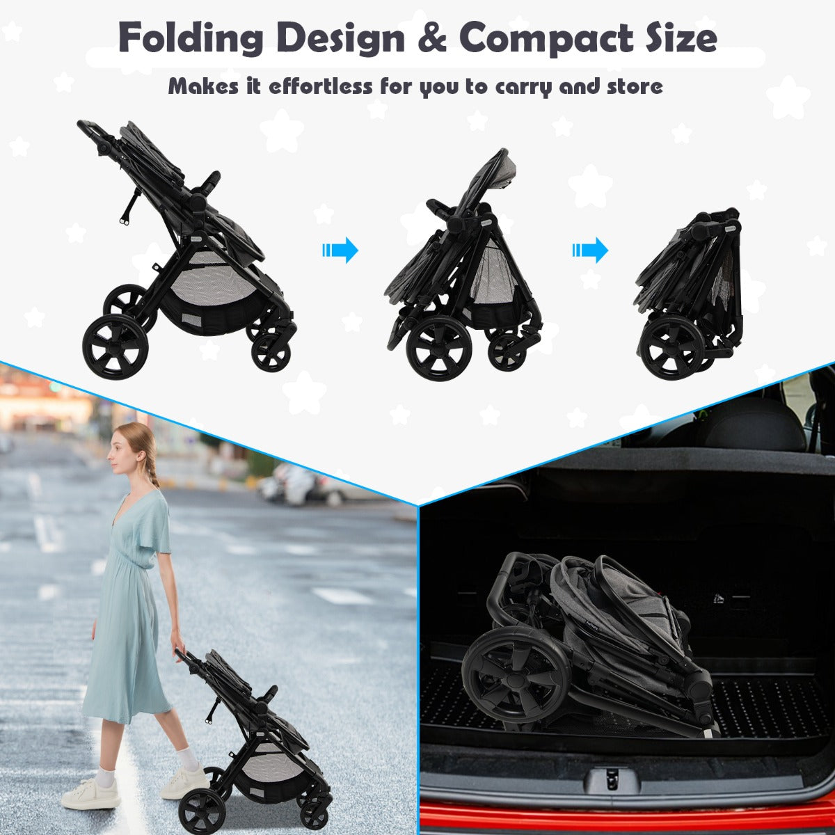LIVSK Converteerbare Kinderwagen - 360 Graden Draaiend - Verstelbare Rugleuning - Lichtgewicht Aluminium - Tot 15 kg - Grijs