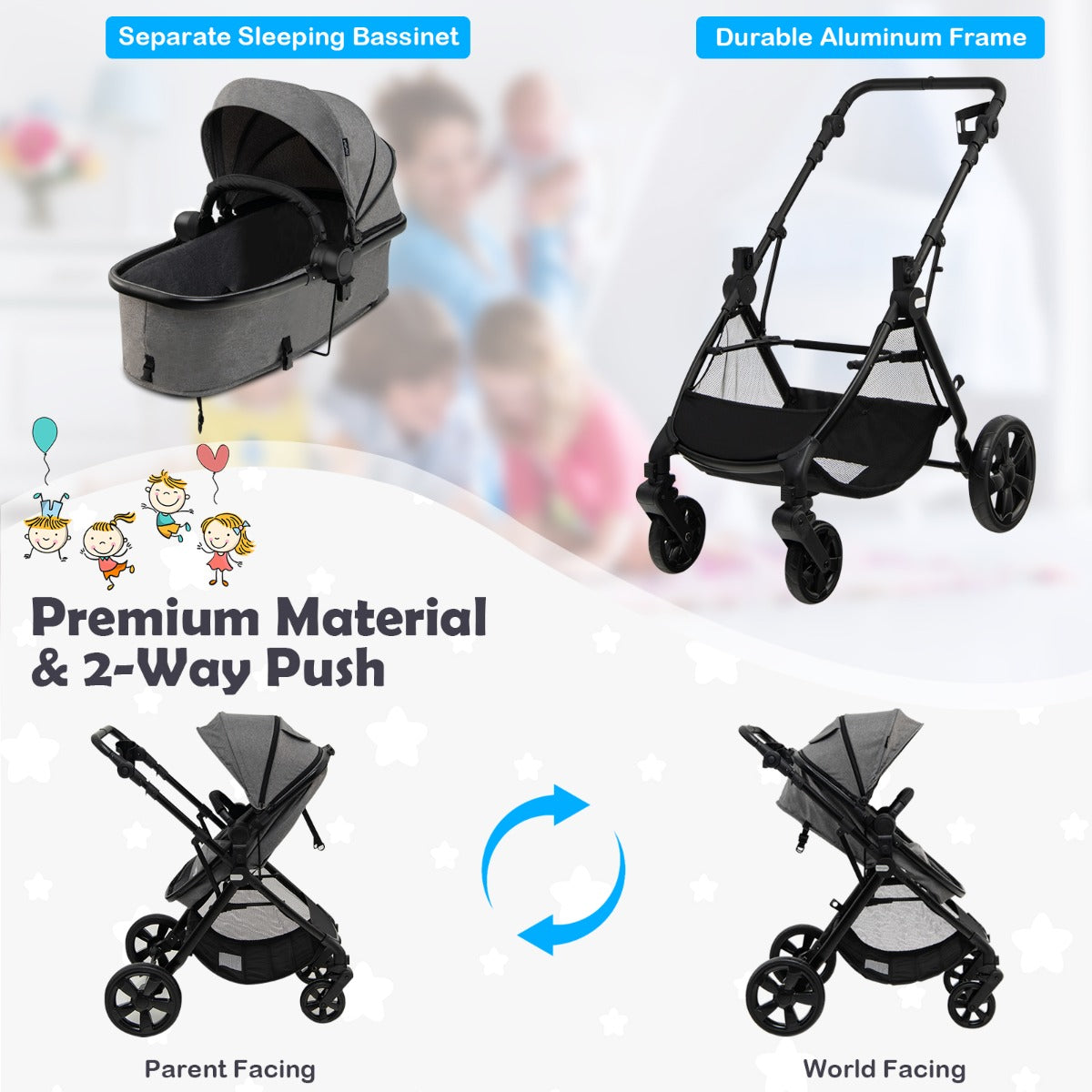 LIVSK Converteerbare Kinderwagen - 360 Graden Draaiend - Verstelbare Rugleuning - Lichtgewicht Aluminium - Tot 15 kg - Grijs